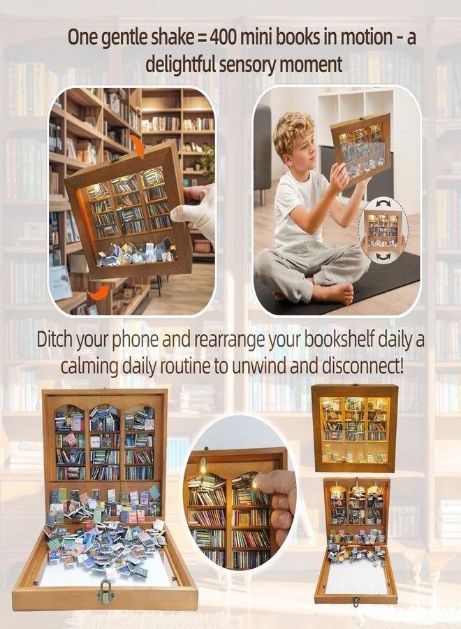 Silanit 10.2 x 9.1 x 3.1 in Anxiety Bookshelf with 400 Mini Book Pieces includes 6 Decorative Mini Lights, Miniature Bookshelf for Tiny Home, Library Decor, Book Organizer for Office Desk, Bookish Spaces - Image 5